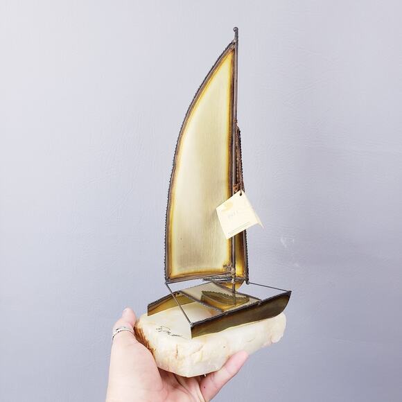 Vintage 70s DeMott Brass Sailboat Sculpture Signed Brass Sail Boat/Gem Rock Base - Picture 6 of 10